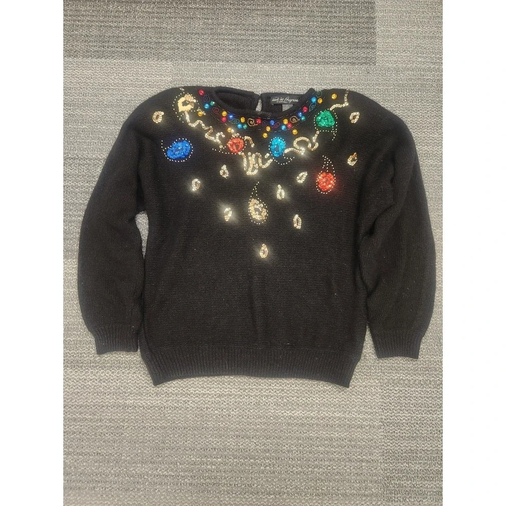 Vtg 80s Work in Progress Silk Angora Sweater Black Knit Sequin Gladys Bagley Lg.